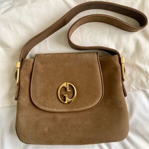 Vintage GUCCI Tan Suede Shoulder Bag with Gold GG Logo - Authentic